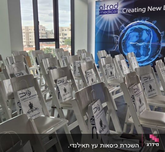 כיסאות עץ לבנים מתקפלים המסודרים בשורות לכנס או אירוע